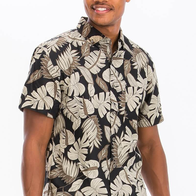 Tan Palm Hawaiian Print Button Down Shirt