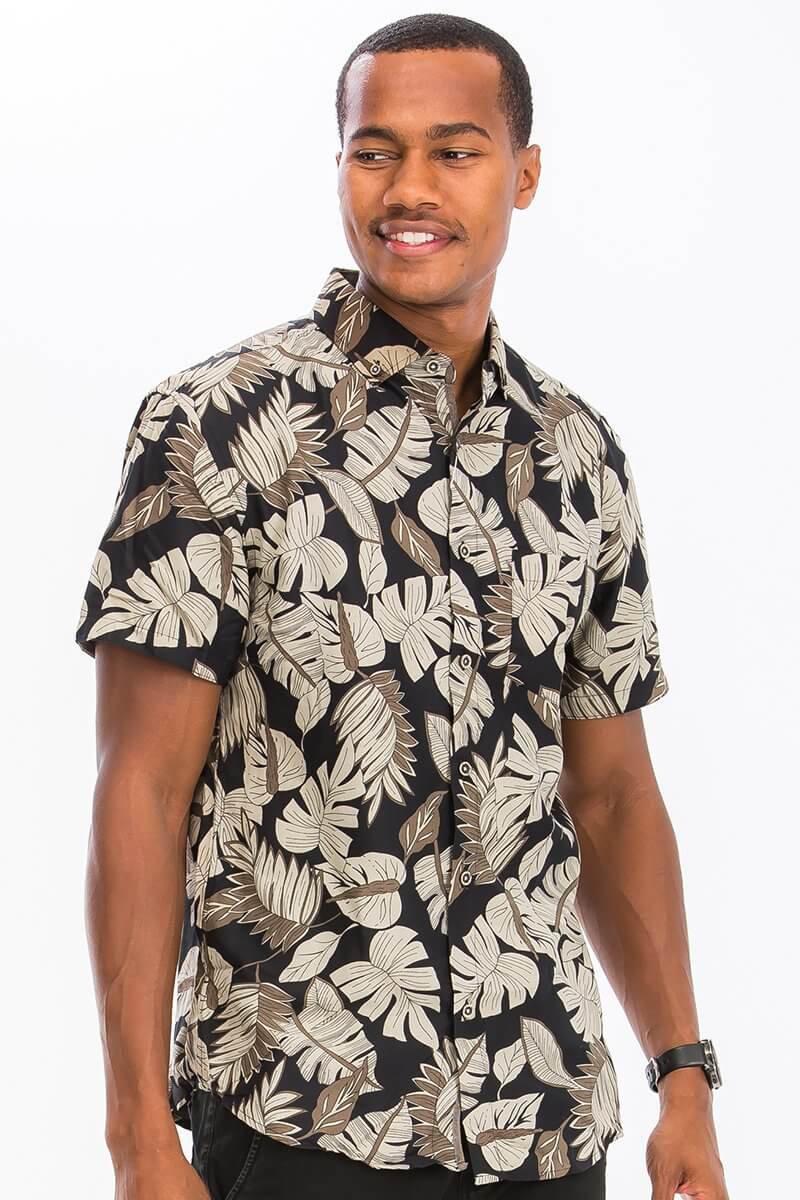 Tan Palm Hawaiian Print Button Down Shirt