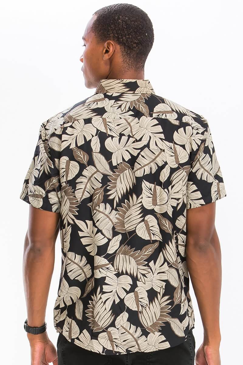 Tan Palm Hawaiian Print Button Down Shirt