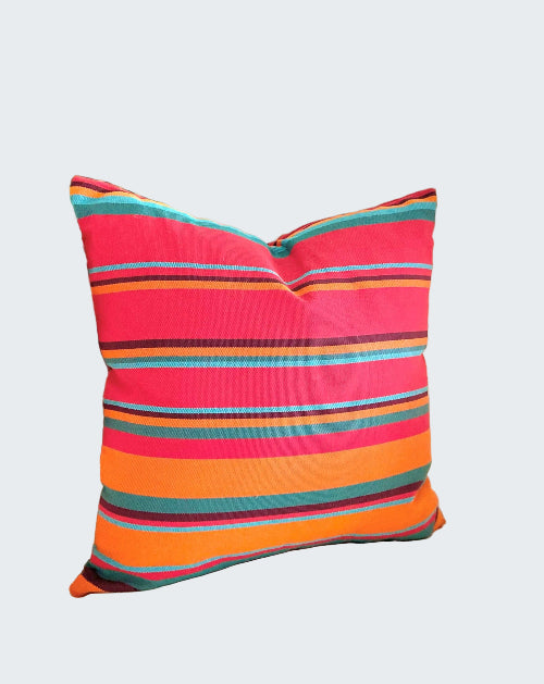 Colorful striped pillow on a beige chair with a blurred green plant in the background