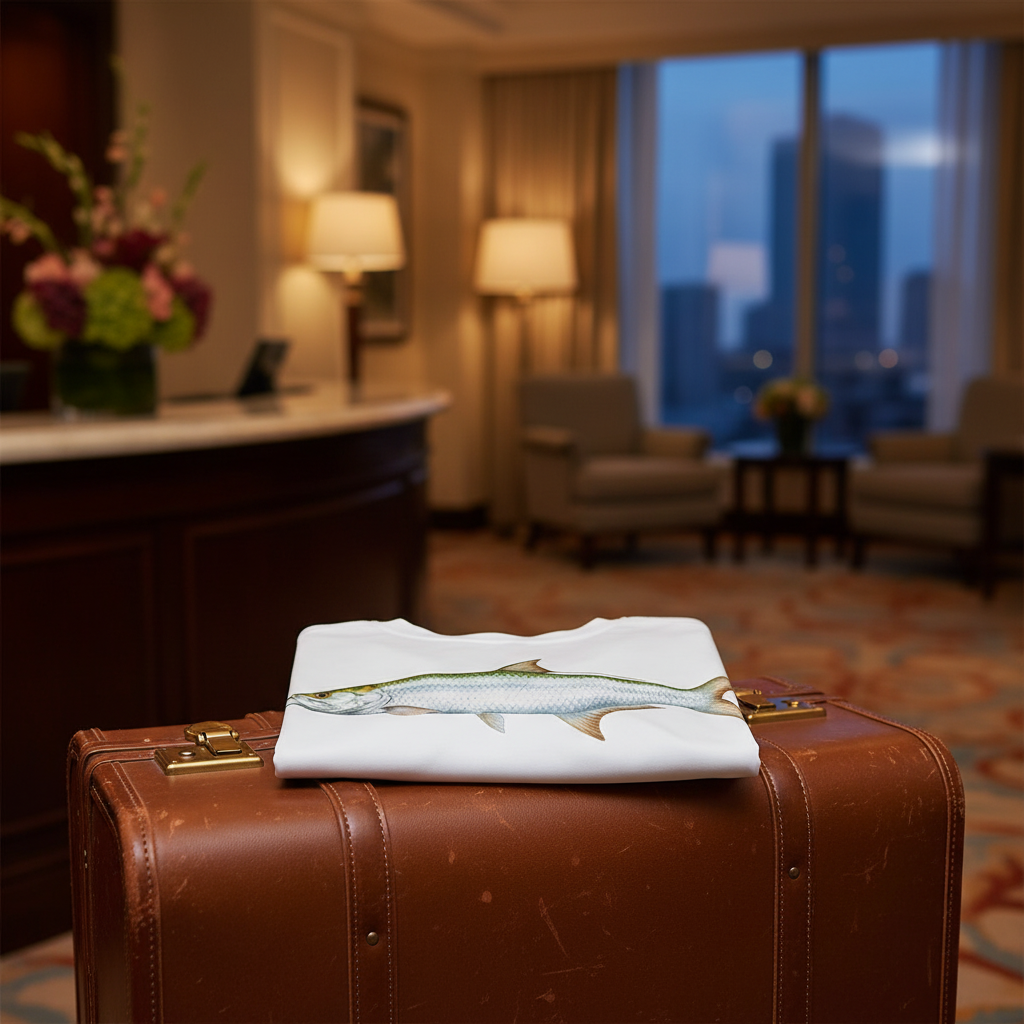 White t-shirt with a fish graphic on the back against a white background