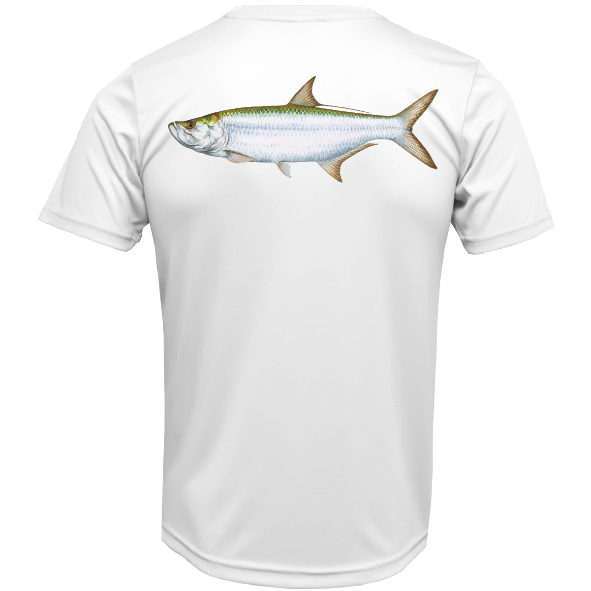 White t-shirt with a fish graphic on the back against a white background