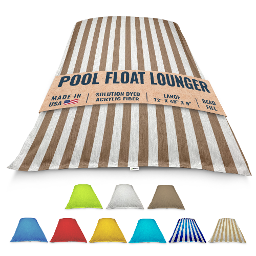 Striped pool float with 'Pool Float Lounger' label and color options below on a white background