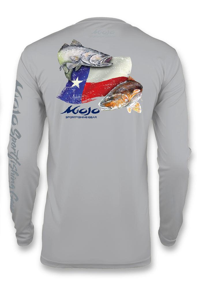 Gray long-sleeve shirt with fish design and 'Mojo' branding on a white background