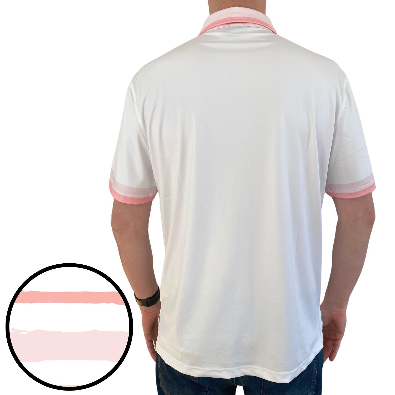 White polo shirt with pink trim worn by a person on a white background