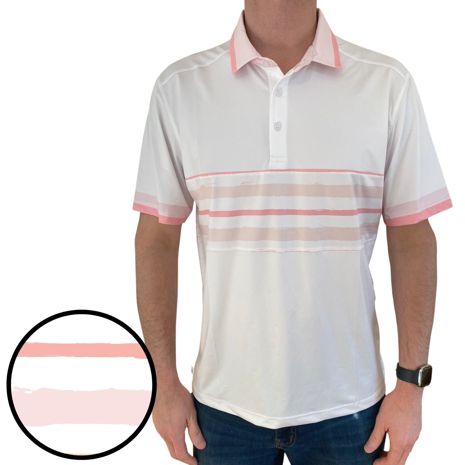 White polo shirt with pink accents on a white background
