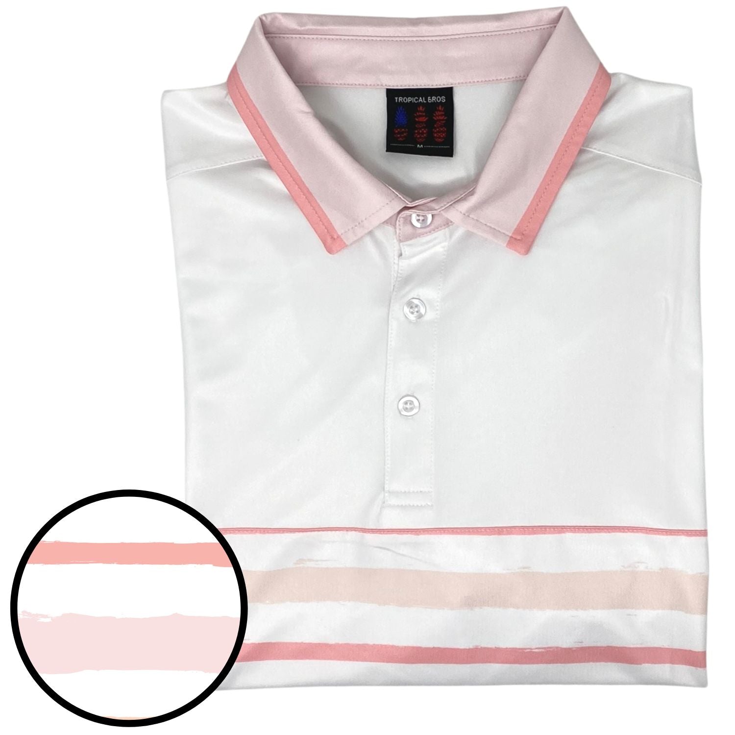 Folded white polo shirt with pink trim on a white background