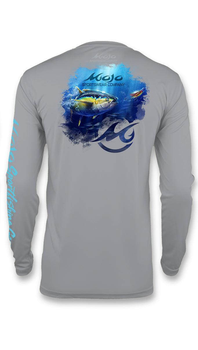 Gray long-sleeve shirt with a fish graphic and branding on the back, on a white background.