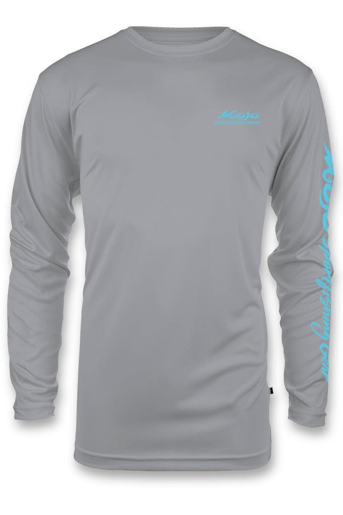 Gray long-sleeve shirt with blue branding on a white background