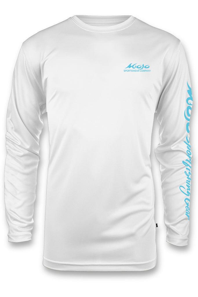 White long-sleeve shirt with blue branding on a white background