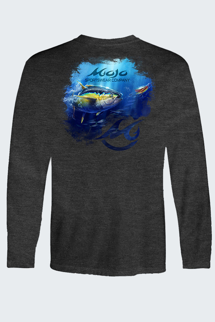 Black long-sleeve shirt with a fish graphic and 'Mojo' branding on a white background