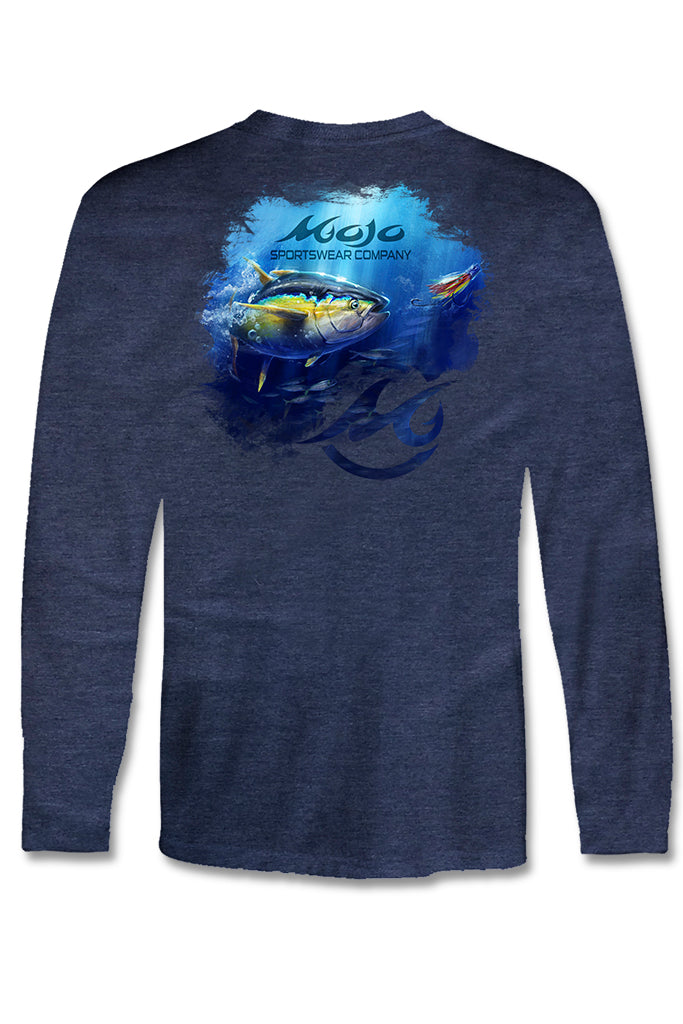 Navy long-sleeve shirt with a fish graphic and 'Mojo' branding on a white background