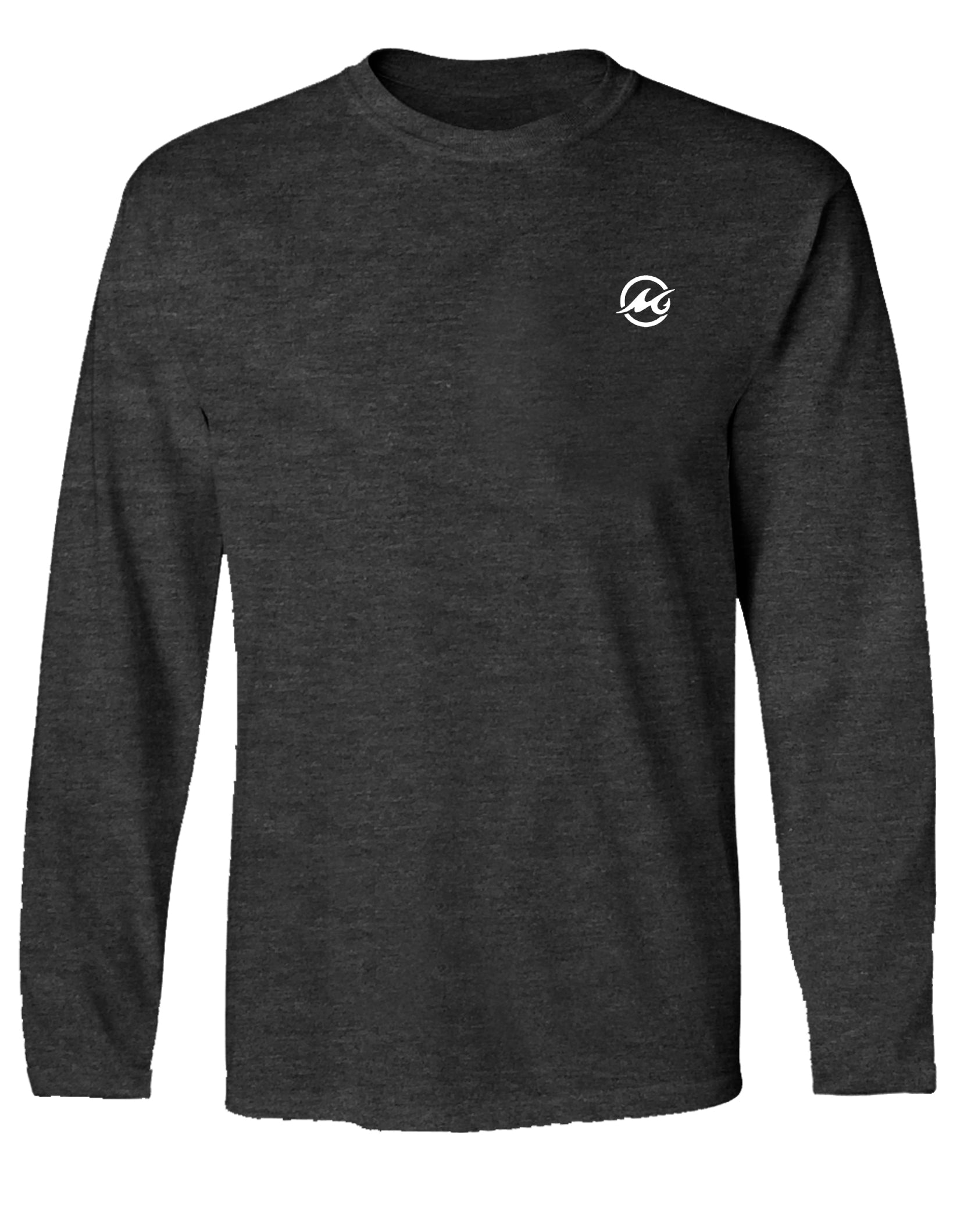 Dark gray long-sleeve shirt with a white logo on a white background