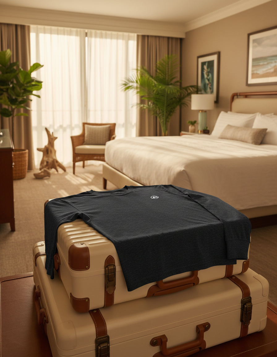 Dark gray long-sleeve shirt with a white logo on a white background