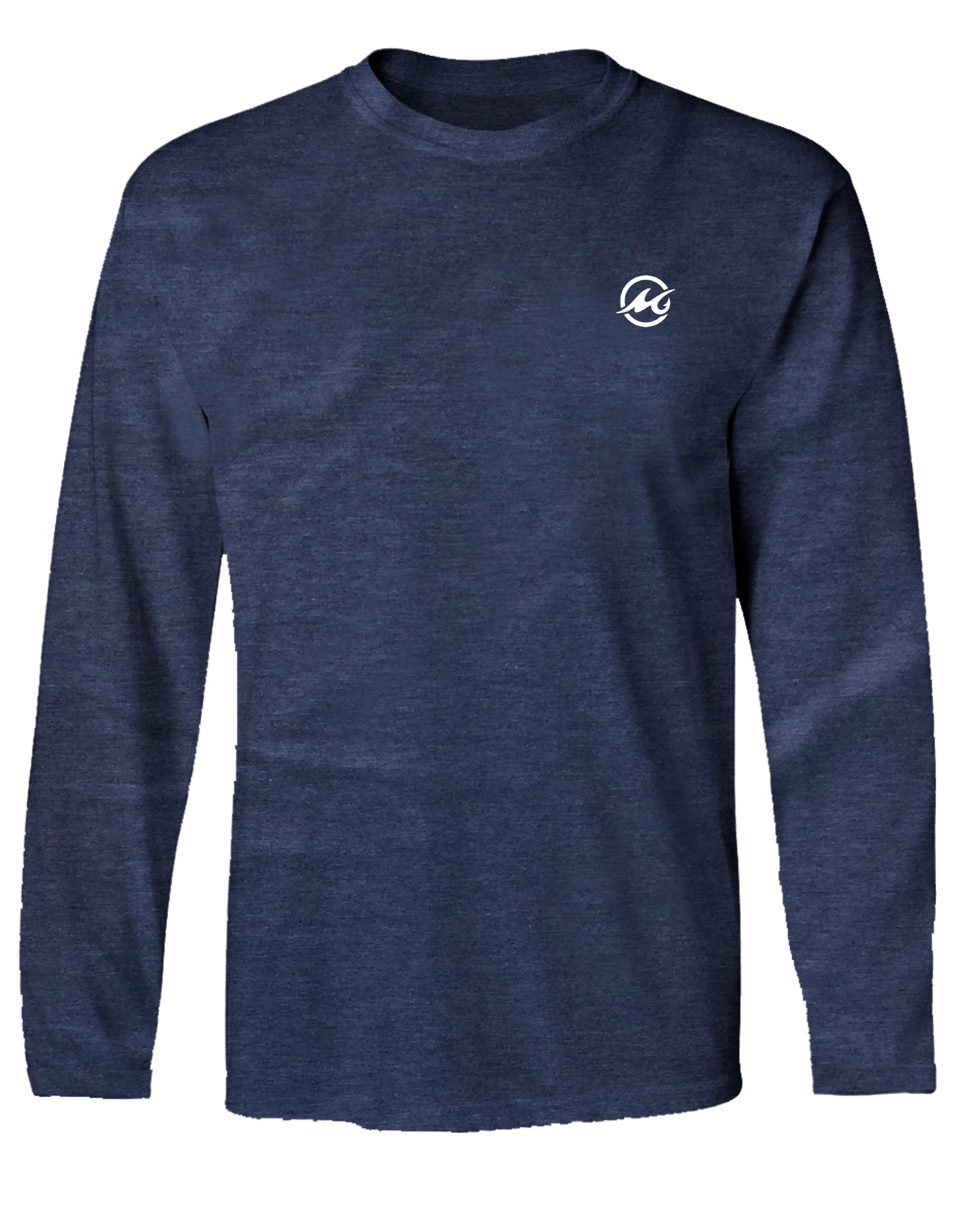 Navy blue long-sleeve shirt with a white logo on a white background