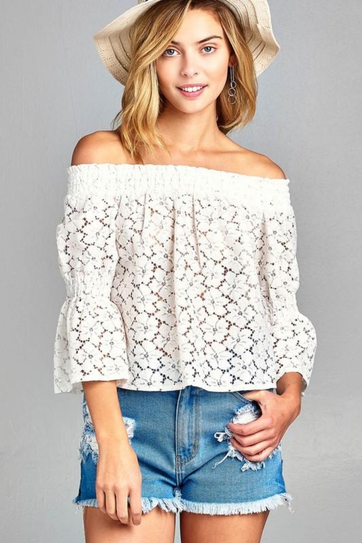 Three Quarter Sleeve Off Shoulder Floral Lace Top