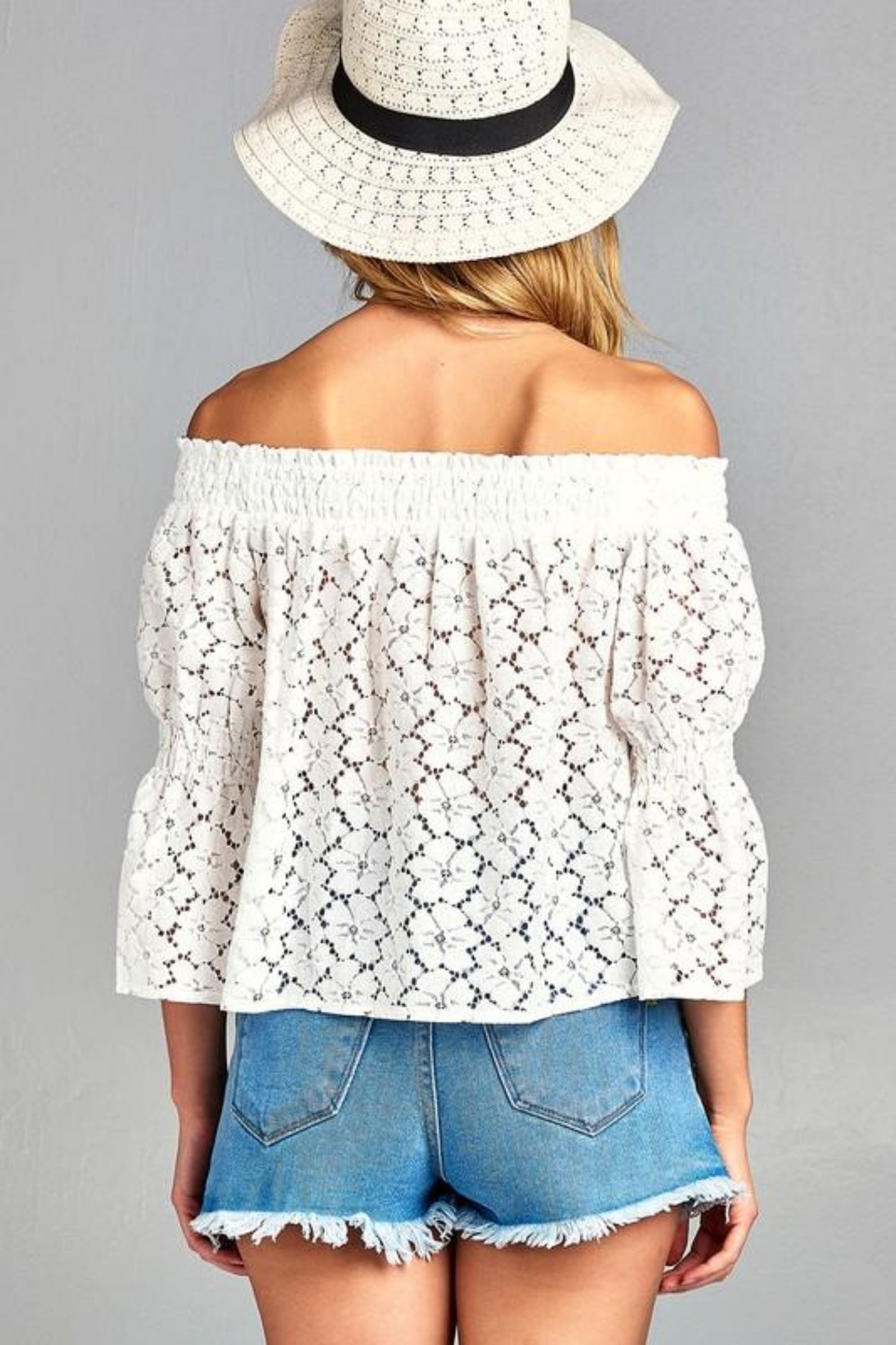 Three Quarter Sleeve Off Shoulder Floral Lace Top