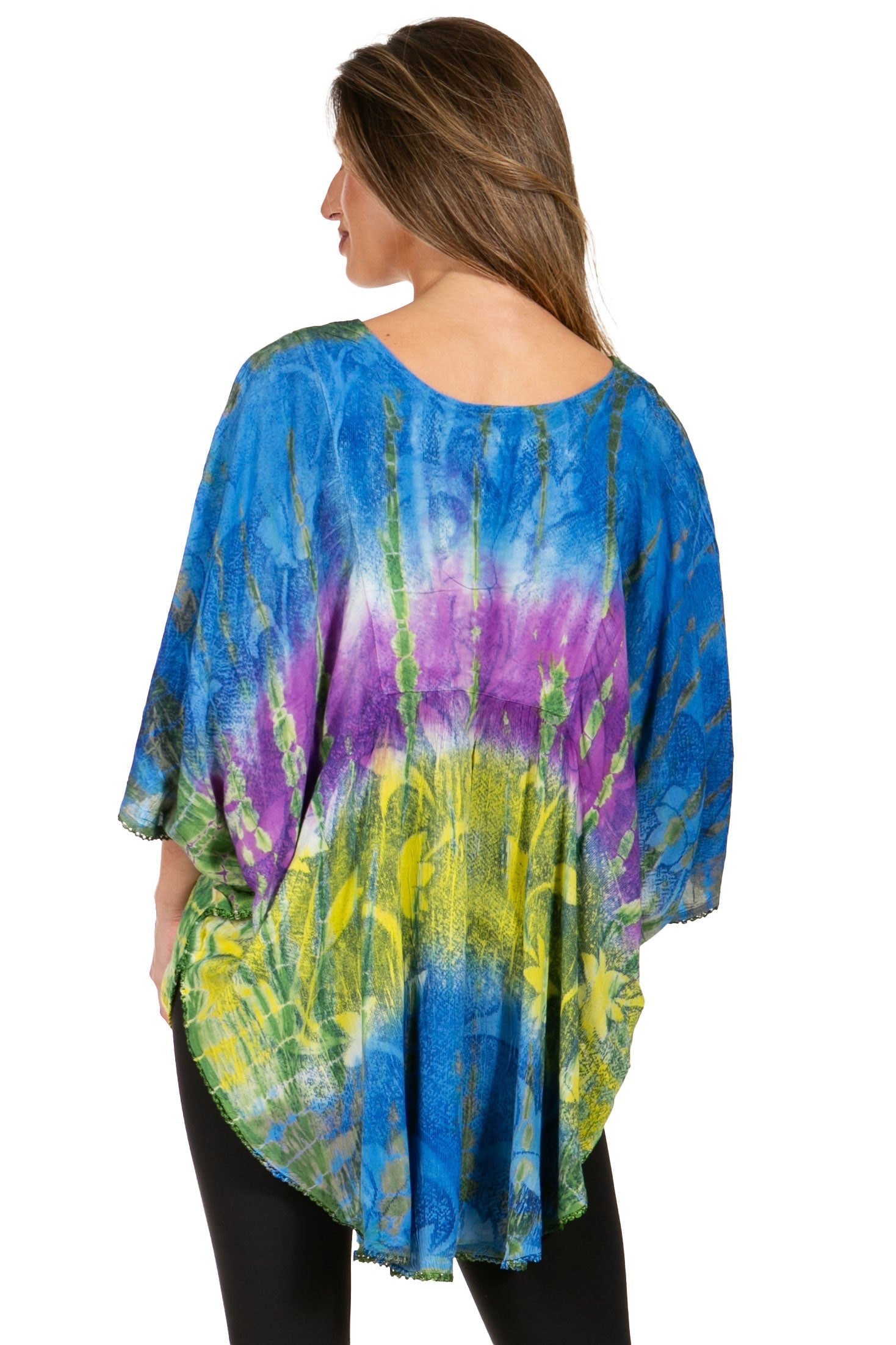 Sakkas - Ellesa Ombre Tie Dye Circle Poncho Blouse Shirt Top With Sequin Embroidery