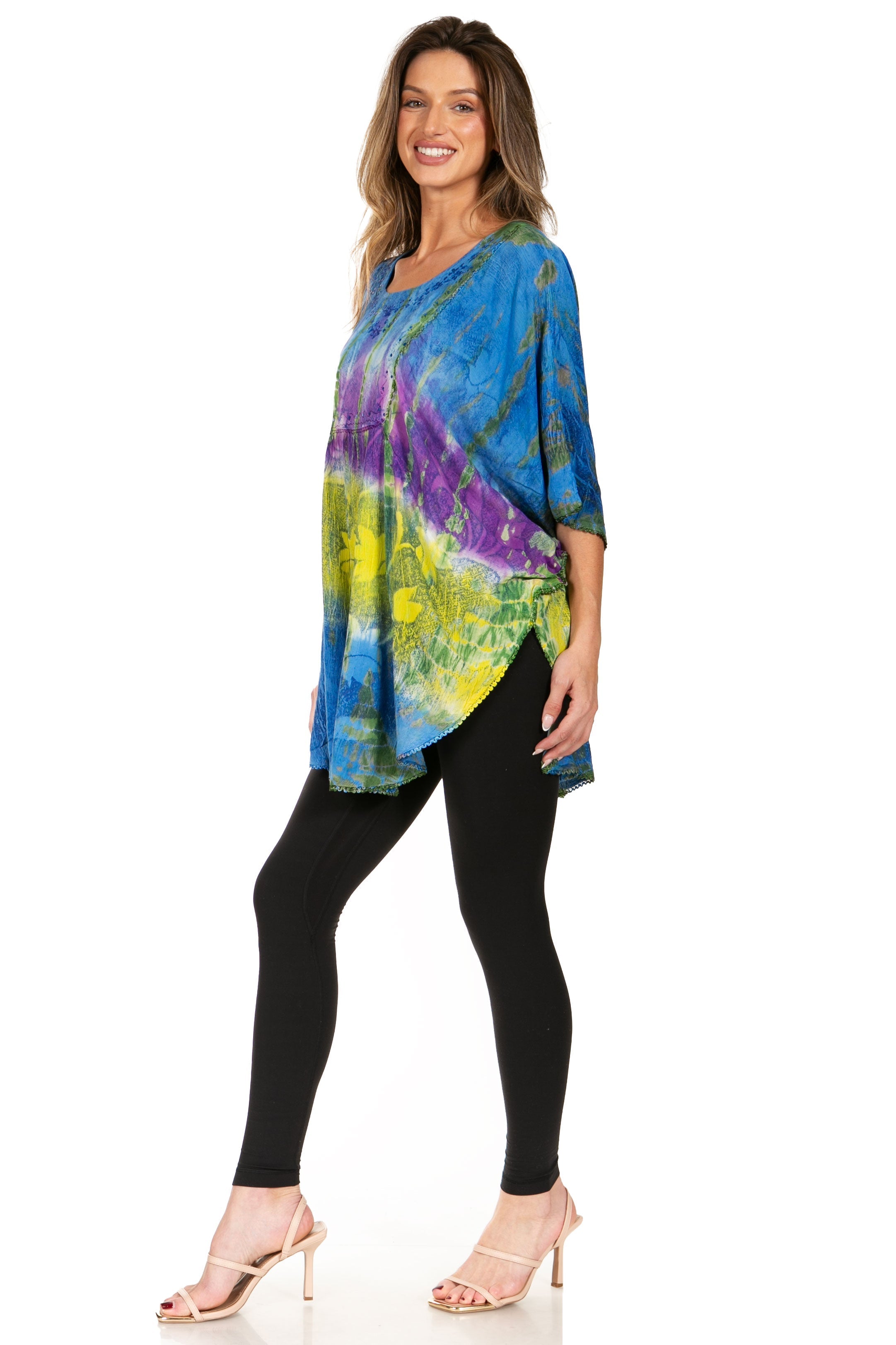 Sakkas - Ellesa Ombre Tie Dye Circle Poncho Blouse Shirt Top With Sequin Embroidery