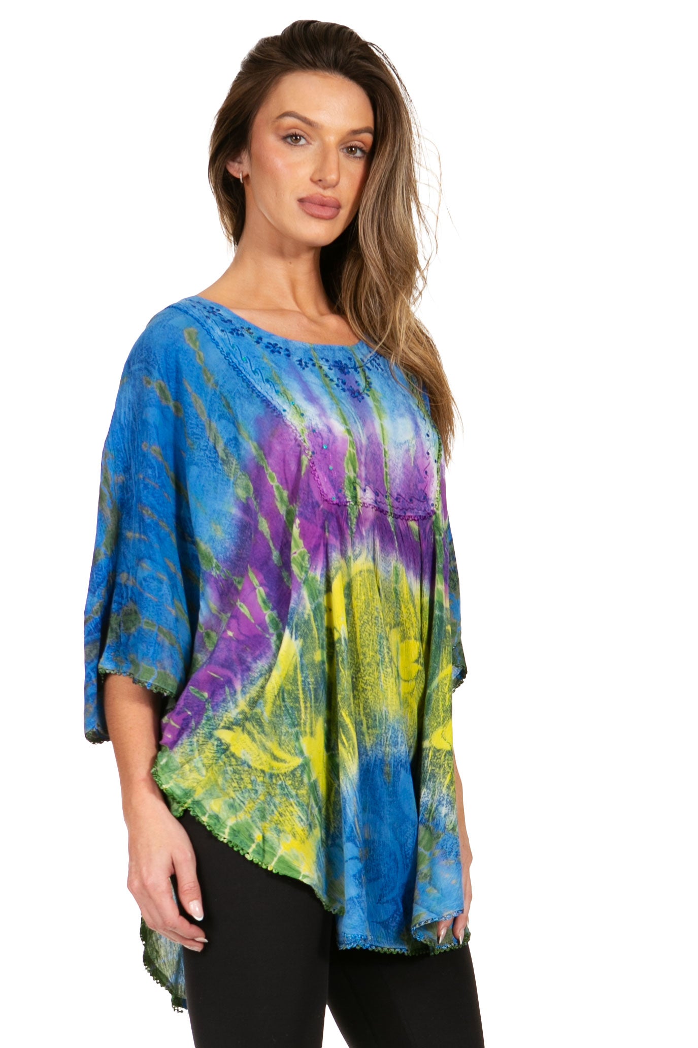 Sakkas - Ellesa Ombre Tie Dye Circle Poncho Blouse Shirt Top With Sequin Embroidery