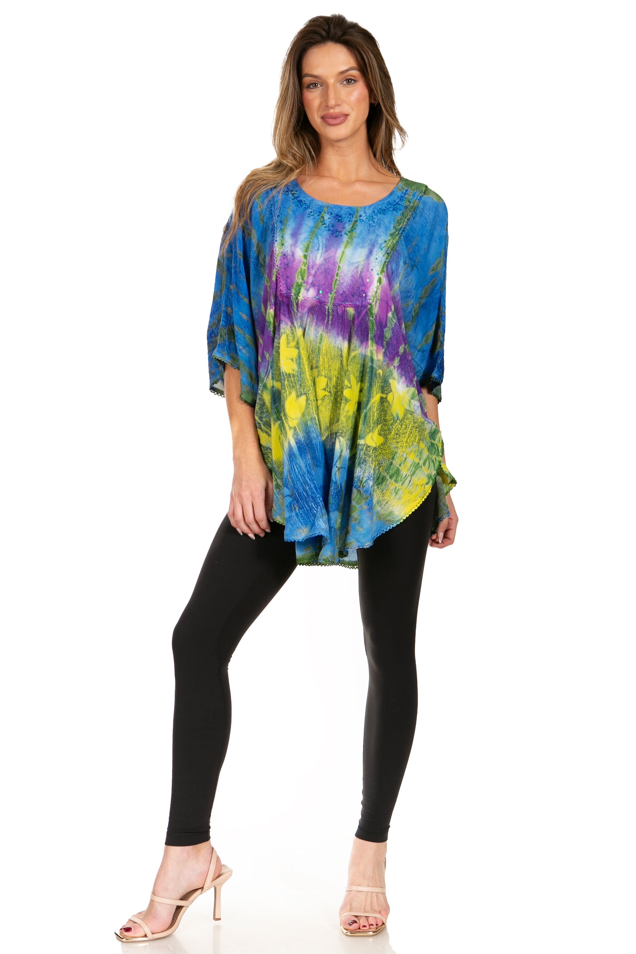 Sakkas - Ellesa Ombre Tie Dye Circle Poncho Blouse Shirt Top With Sequin Embroidery