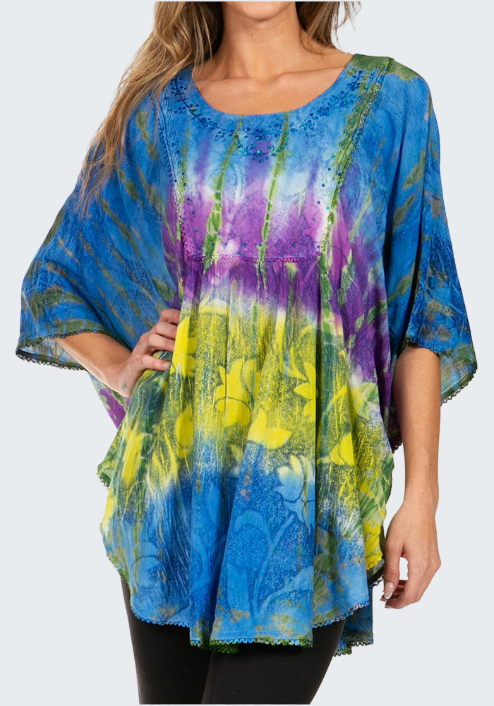 Tie-dye shirt with blue, purple, and yellow patterns on a white background