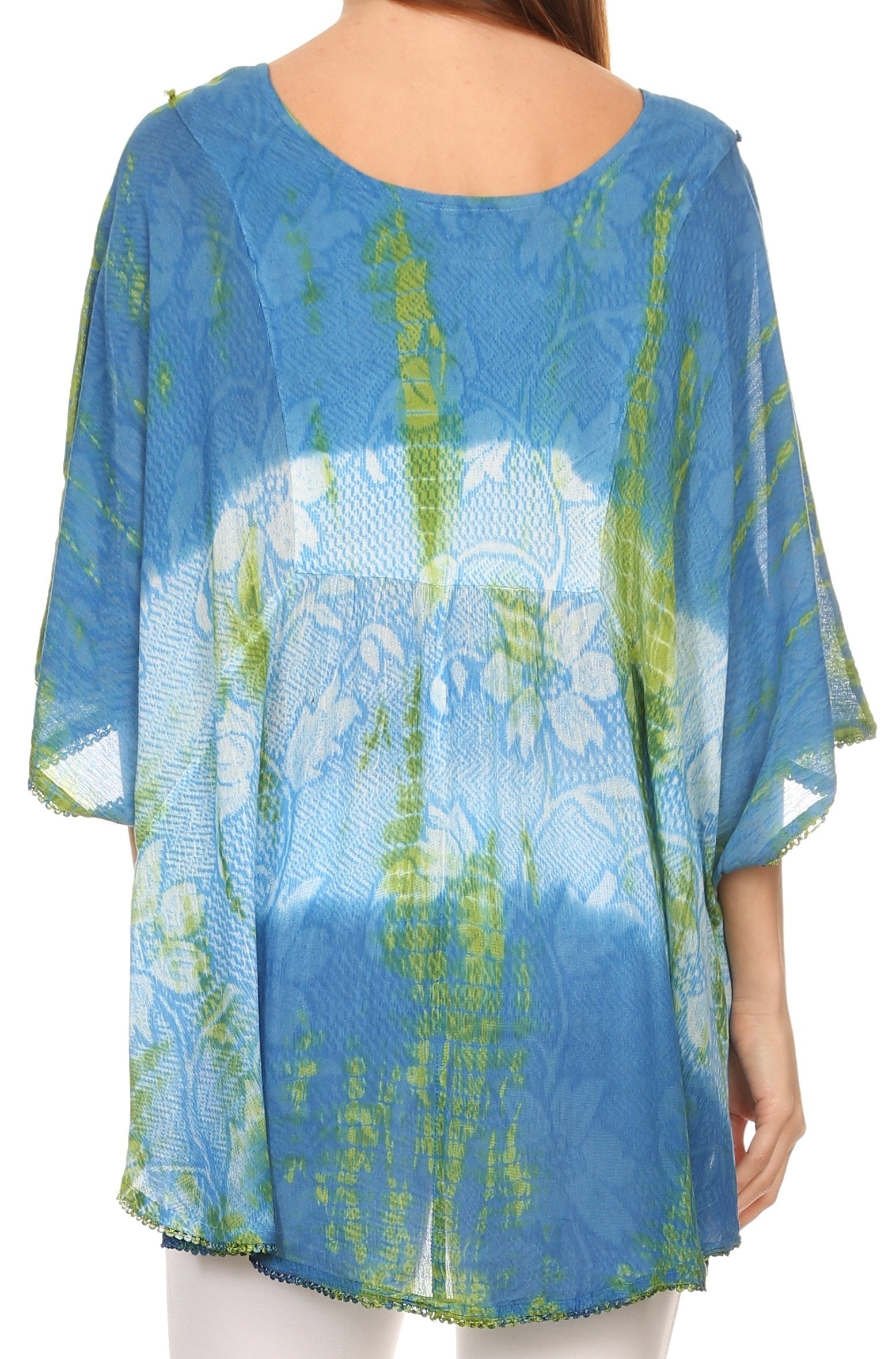 Sakkas - Ellesa Ombre Tie Dye Circle Poncho Blouse Shirt Top With Sequin Embroidery
