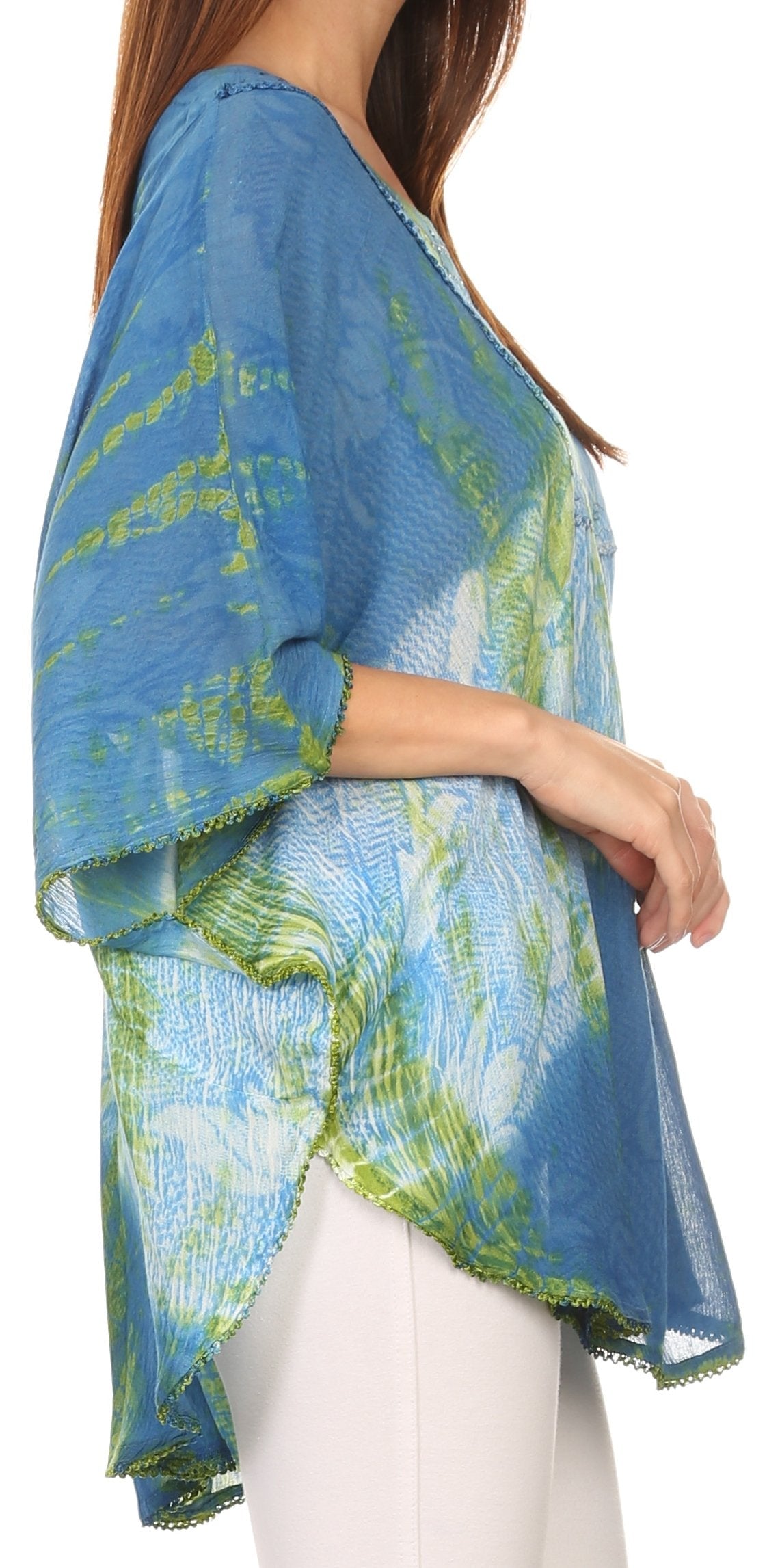 Sakkas - Ellesa Ombre Tie Dye Circle Poncho Blouse Shirt Top With Sequin Embroidery