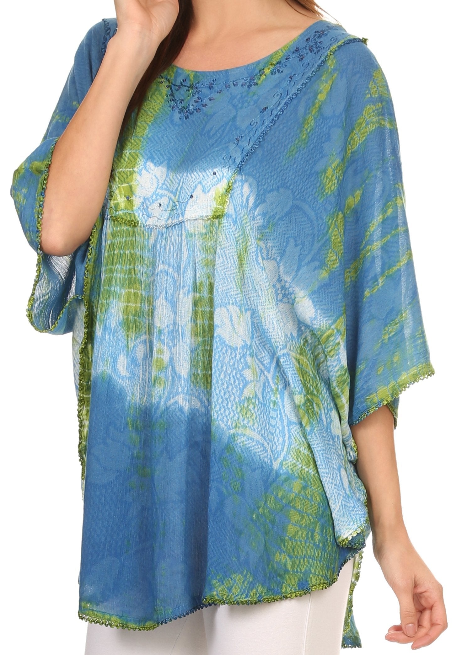Sakkas - Ellesa Ombre Tie Dye Circle Poncho Blouse Shirt Top With Sequin Embroidery