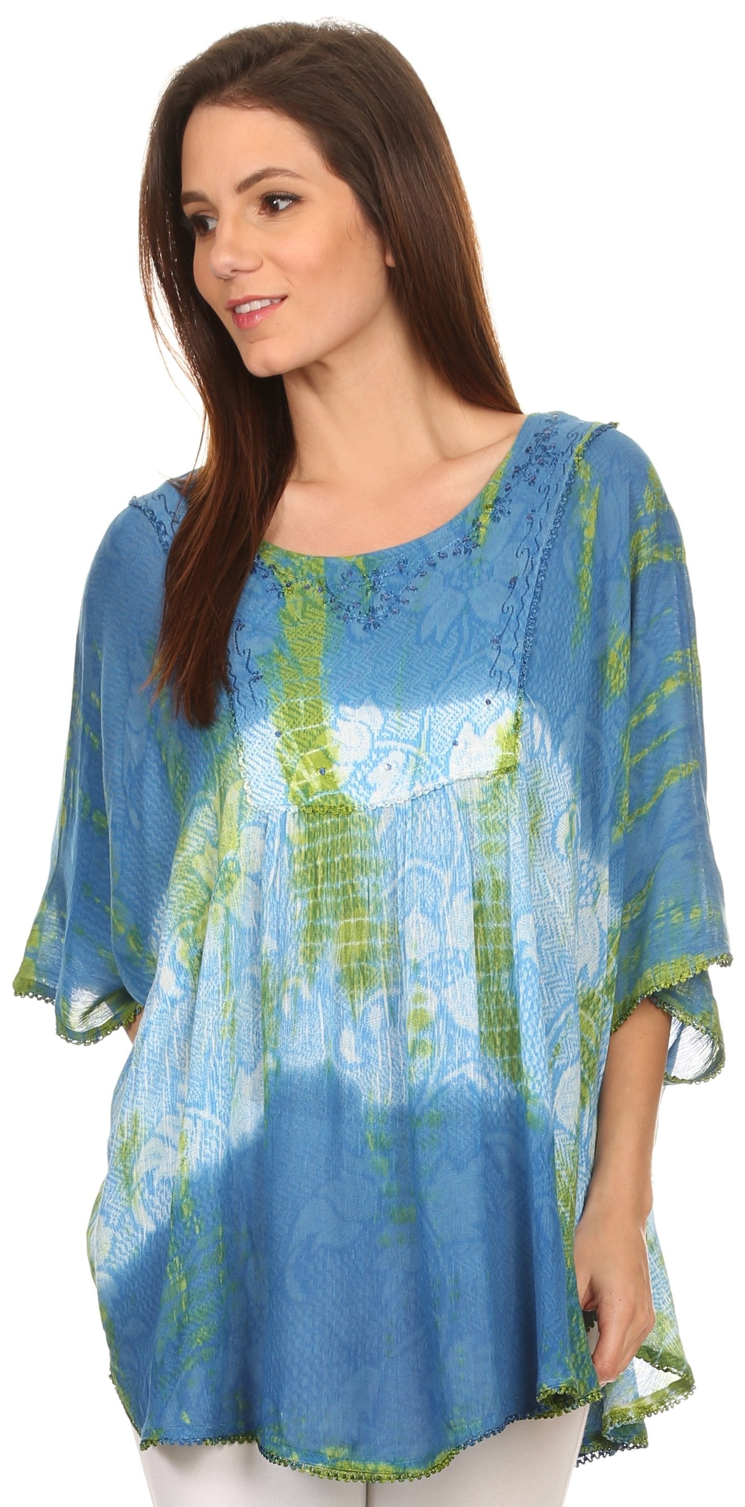 Sakkas - Ellesa Ombre Tie Dye Circle Poncho Blouse Shirt Top With Sequin Embroidery