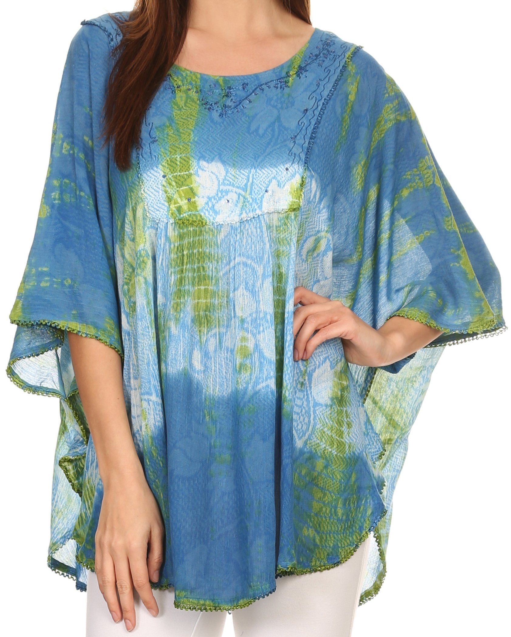 Sakkas - Ellesa Ombre Tie Dye Circle Poncho Blouse Shirt Top With Sequin Embroidery