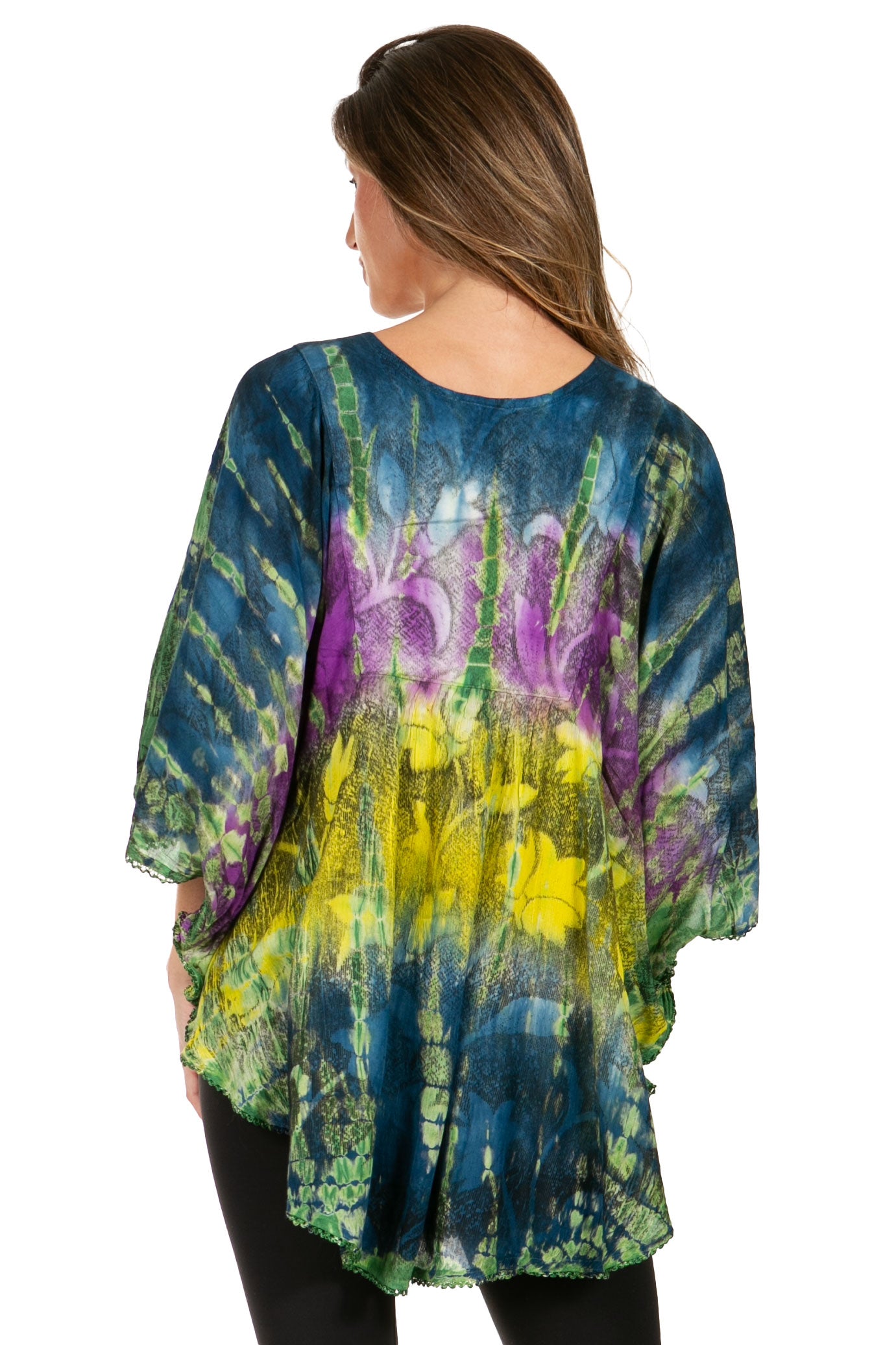 Sakkas - Ellesa Ombre Tie Dye Circle Poncho Blouse Shirt Top With Sequin Embroidery
