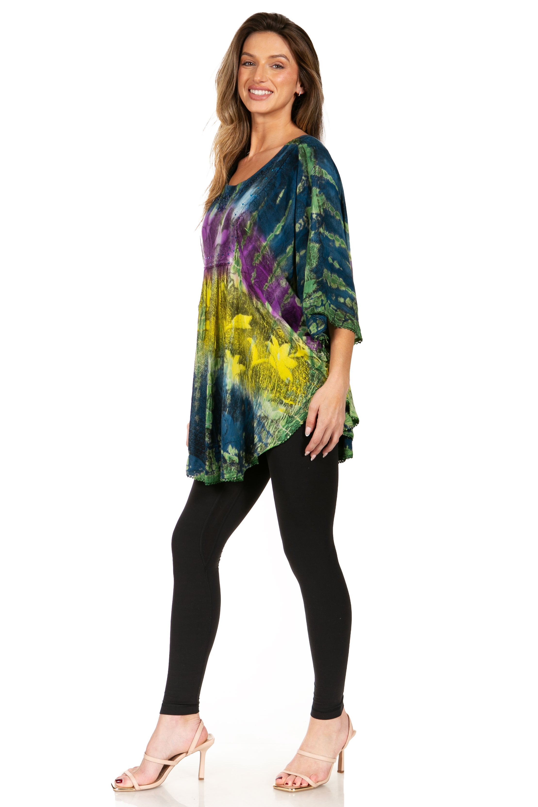 Sakkas - Ellesa Ombre Tie Dye Circle Poncho Blouse Shirt Top With Sequin Embroidery