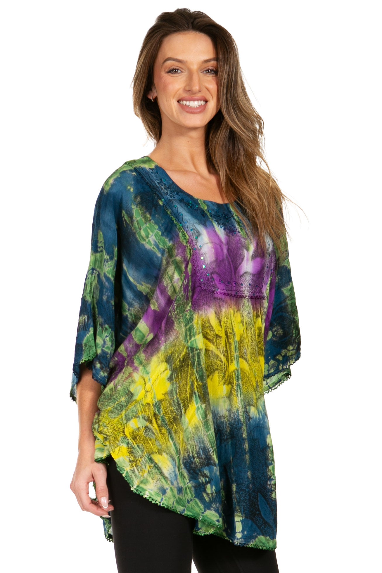 Sakkas - Ellesa Ombre Tie Dye Circle Poncho Blouse Shirt Top With Sequin Embroidery