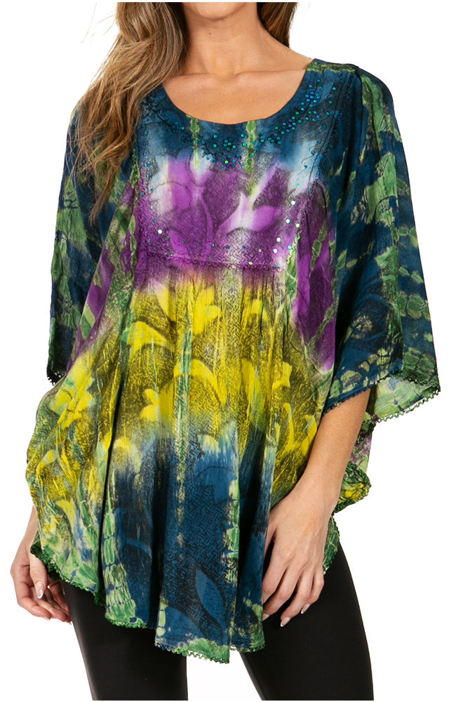 Sakkas - Ellesa Ombre Tie Dye Circle Poncho Blouse Shirt Top With Sequin Embroidery