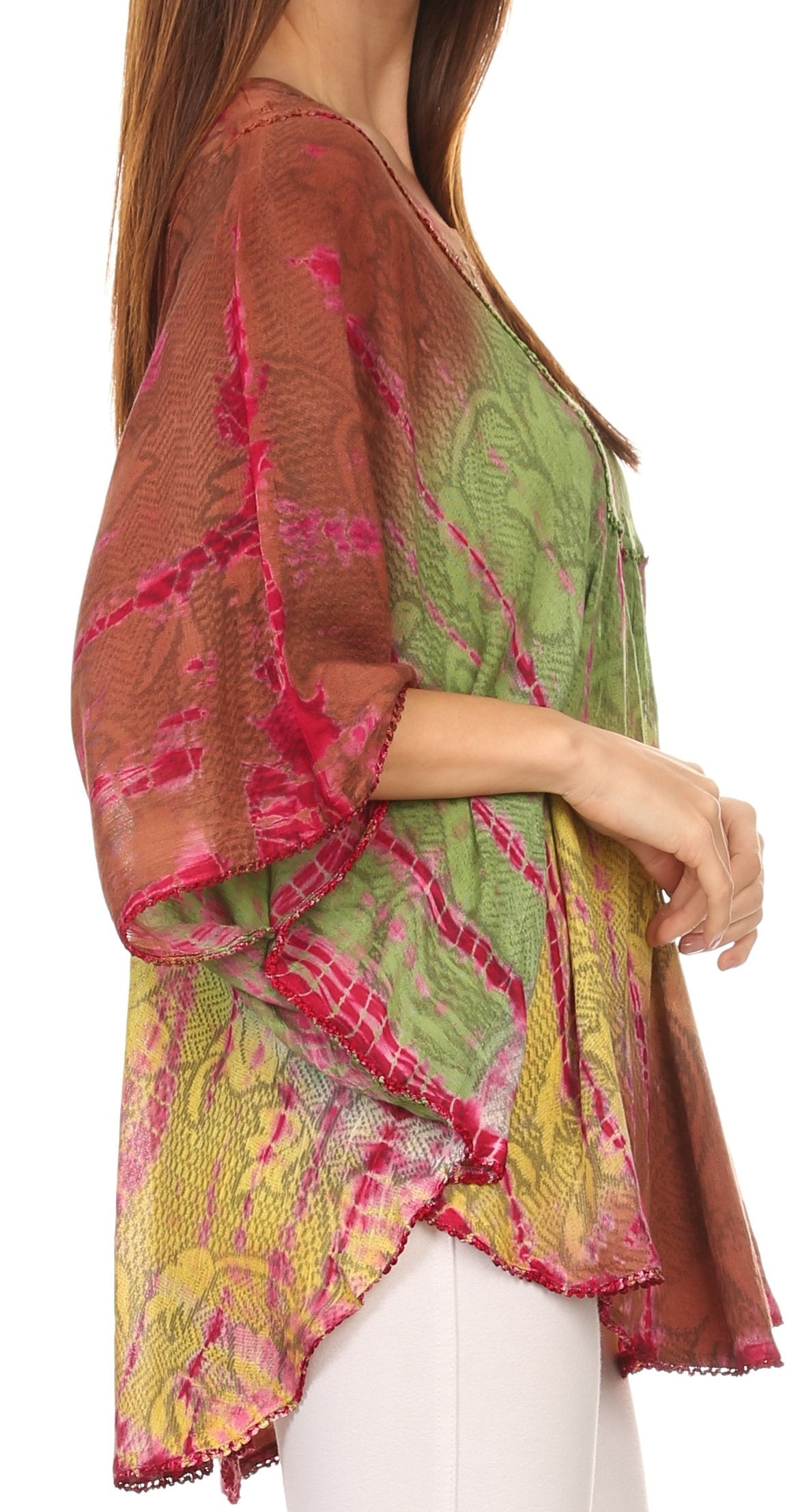 Sakkas - Ellesa Ombre Tie Dye Circle Poncho Blouse Shirt Top With Sequin Embroidery