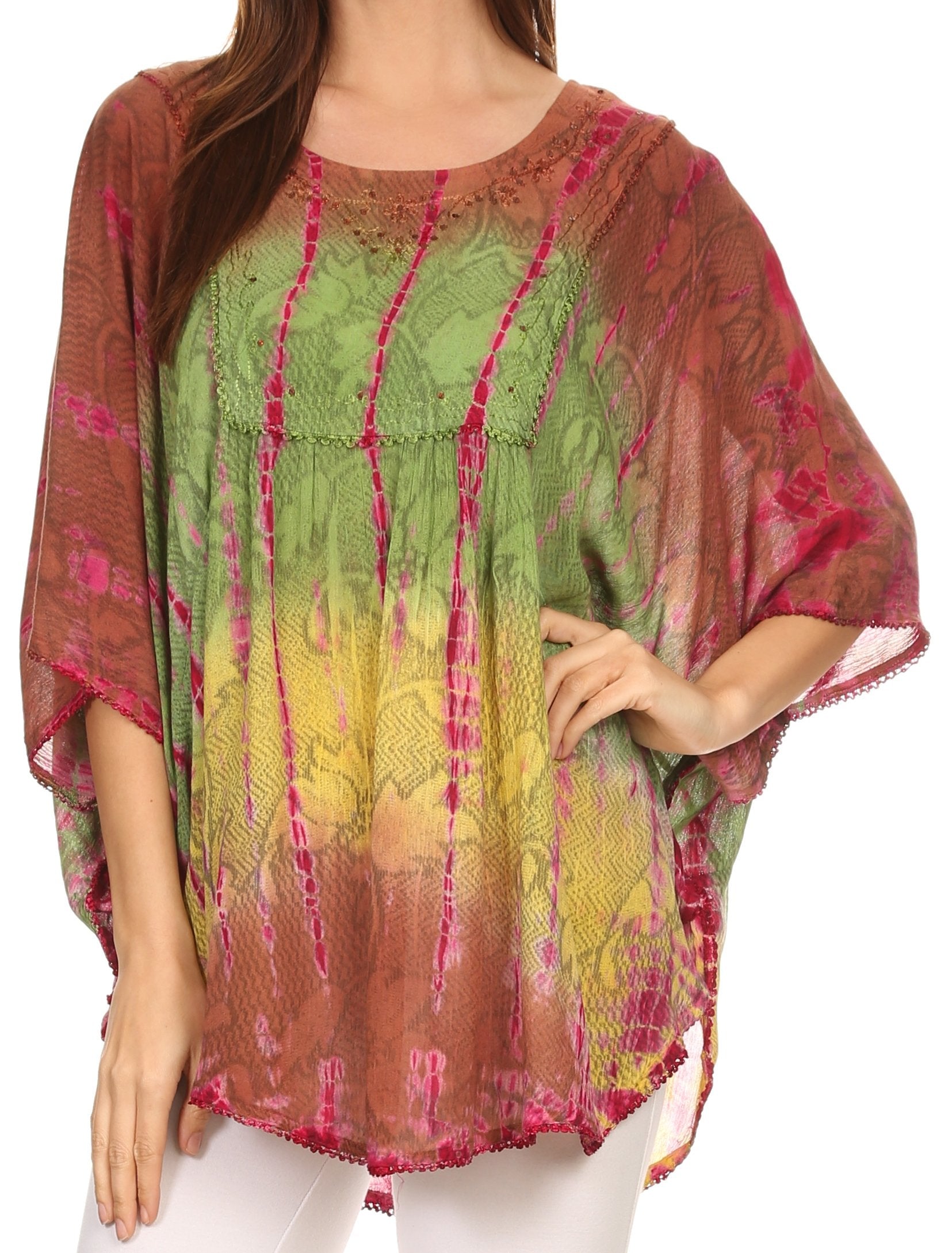 Sakkas - Ellesa Ombre Tie Dye Circle Poncho Blouse Shirt Top With Sequin Embroidery