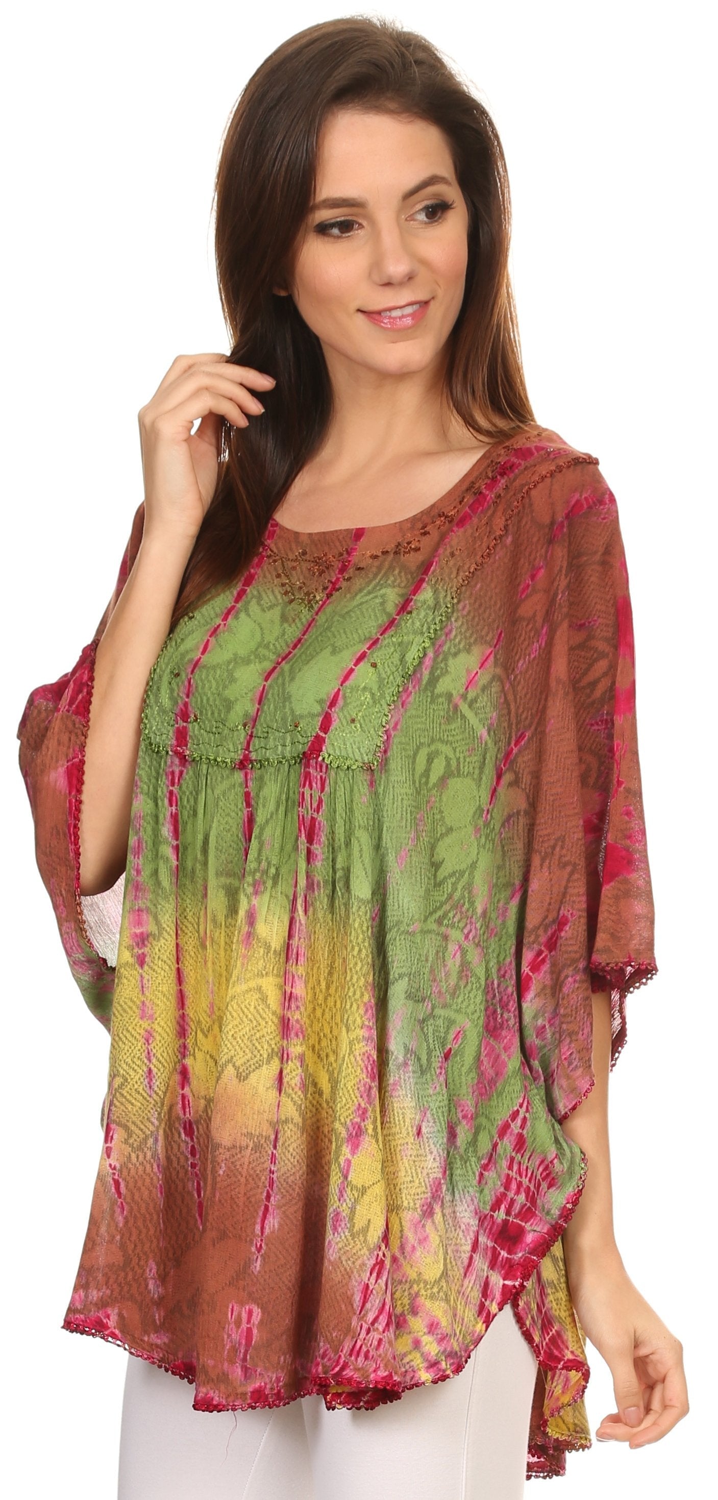 Sakkas - Ellesa Ombre Tie Dye Circle Poncho Blouse Shirt Top With Sequin Embroidery