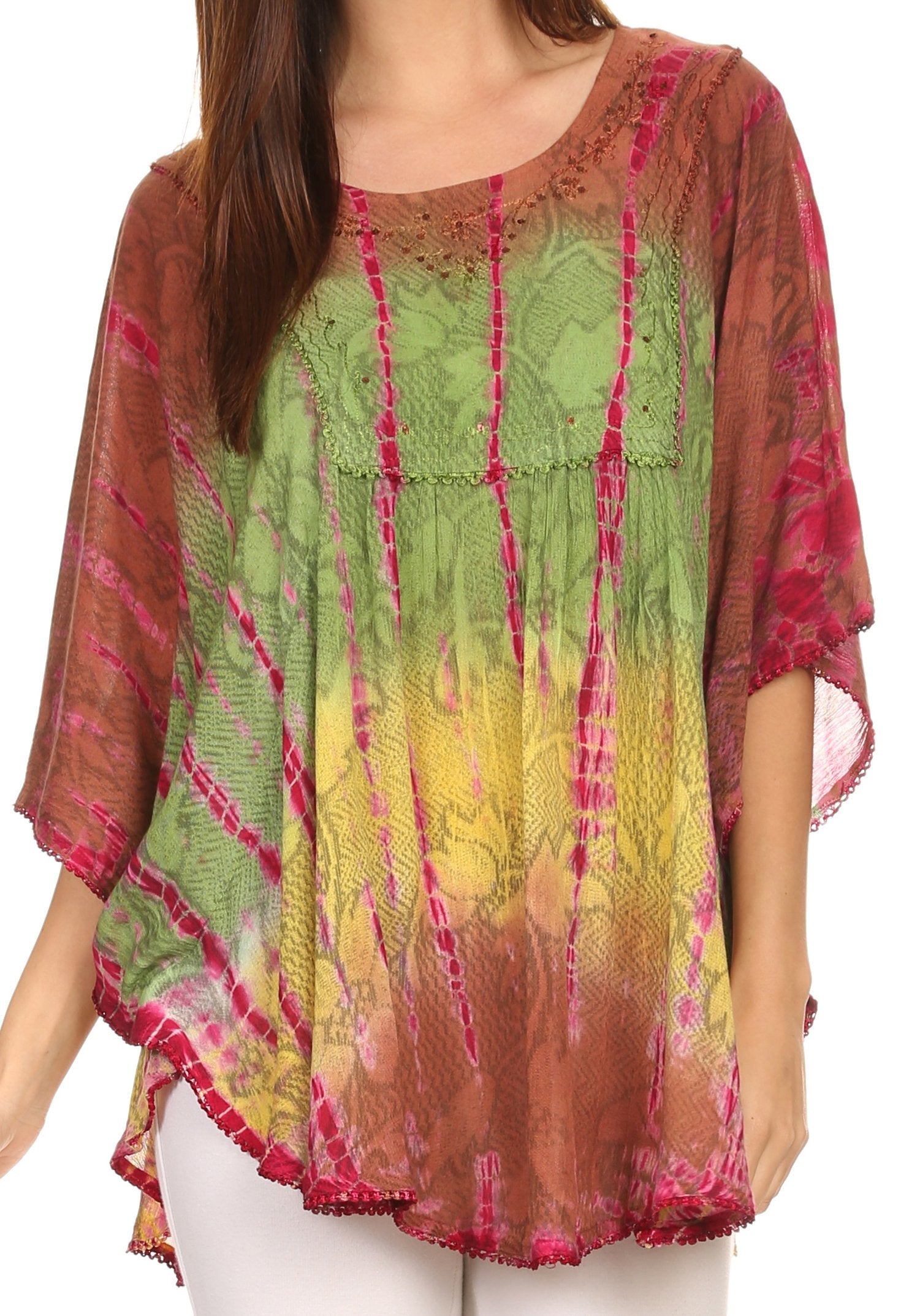 Sakkas - Ellesa Ombre Tie Dye Circle Poncho Blouse Shirt Top With Sequin Embroidery