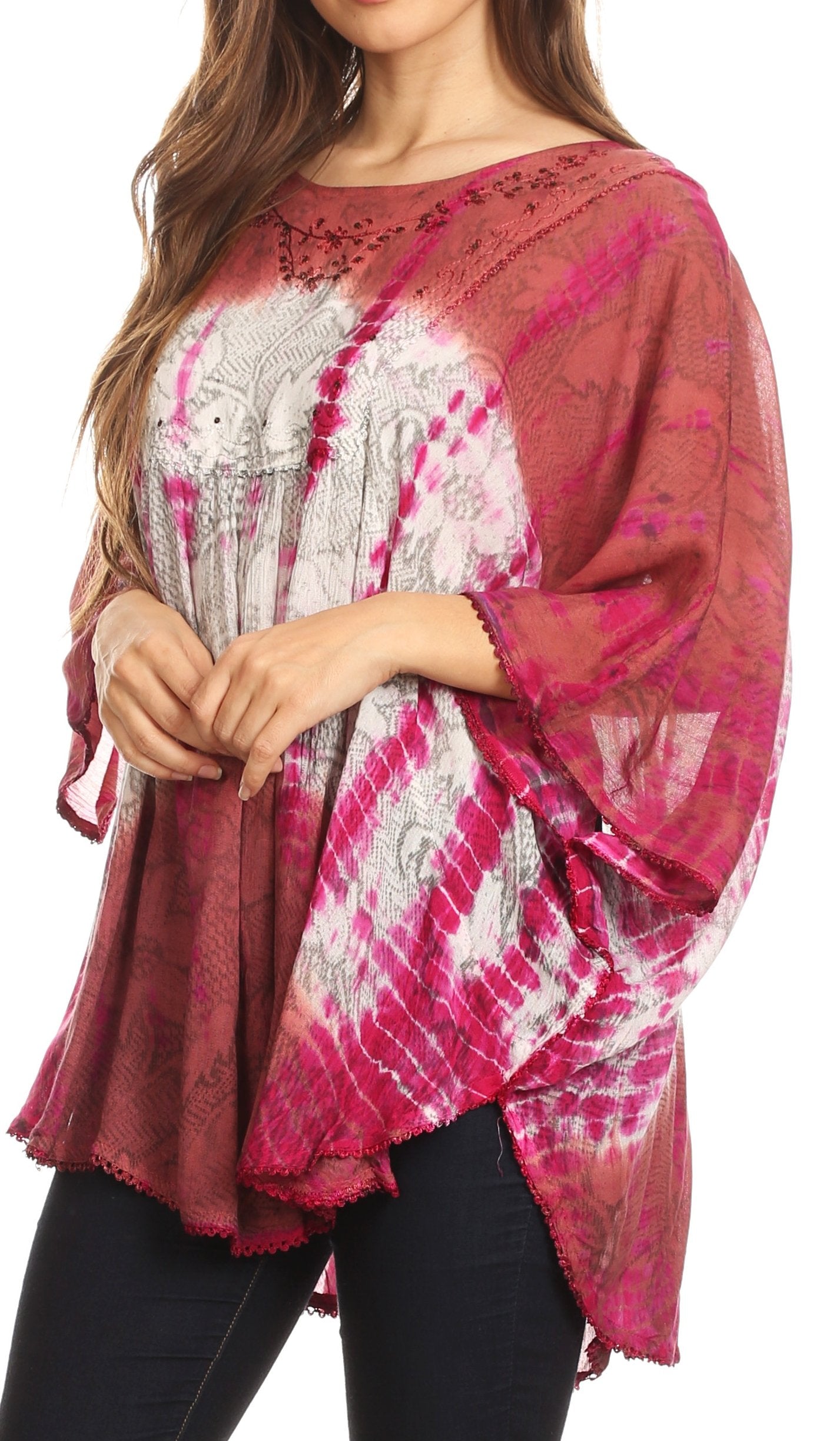 Sakkas - Ellesa Ombre Tie Dye Circle Poncho Blouse Shirt Top With Sequin Embroidery