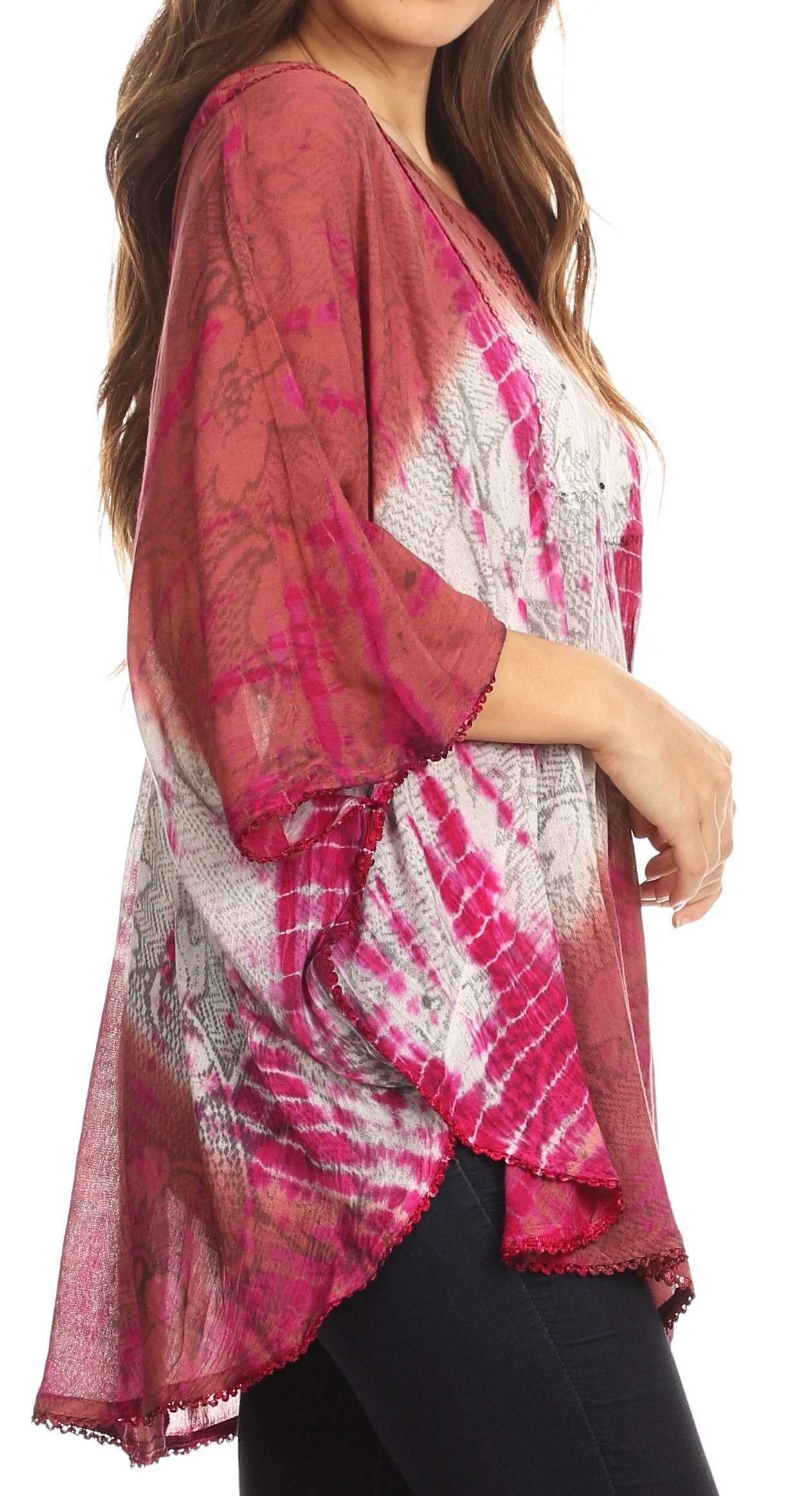 Sakkas - Ellesa Ombre Tie Dye Circle Poncho Blouse Shirt Top With Sequin Embroidery