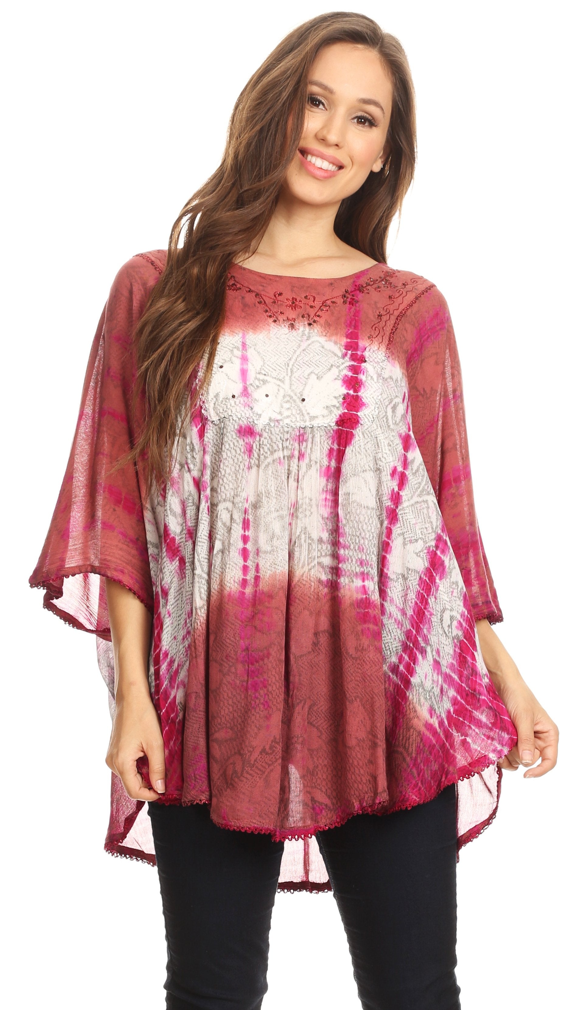 Sakkas - Ellesa Ombre Tie Dye Circle Poncho Blouse Shirt Top With Sequin Embroidery