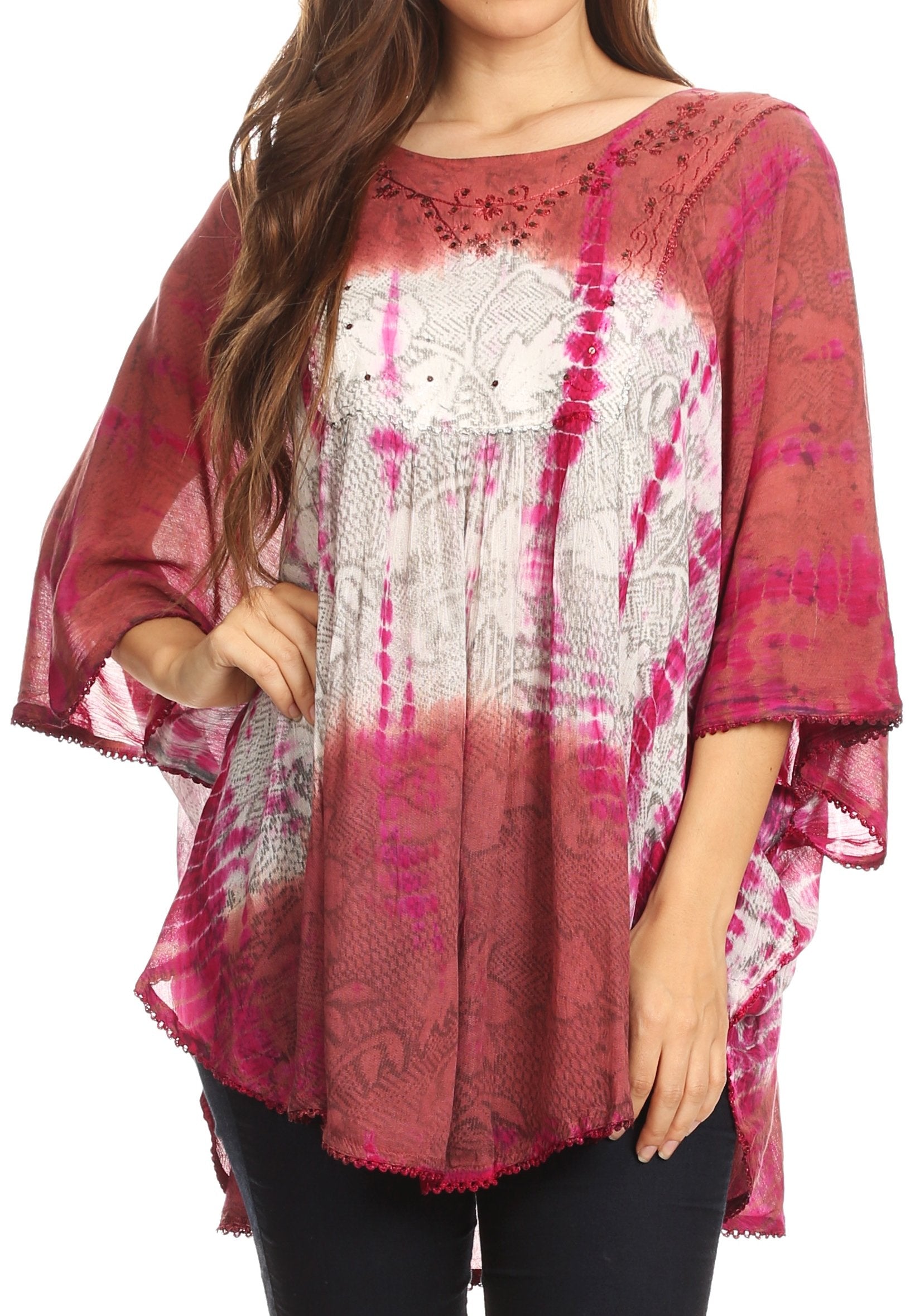 Sakkas - Ellesa Ombre Tie Dye Circle Poncho Blouse Shirt Top With Sequin Embroidery