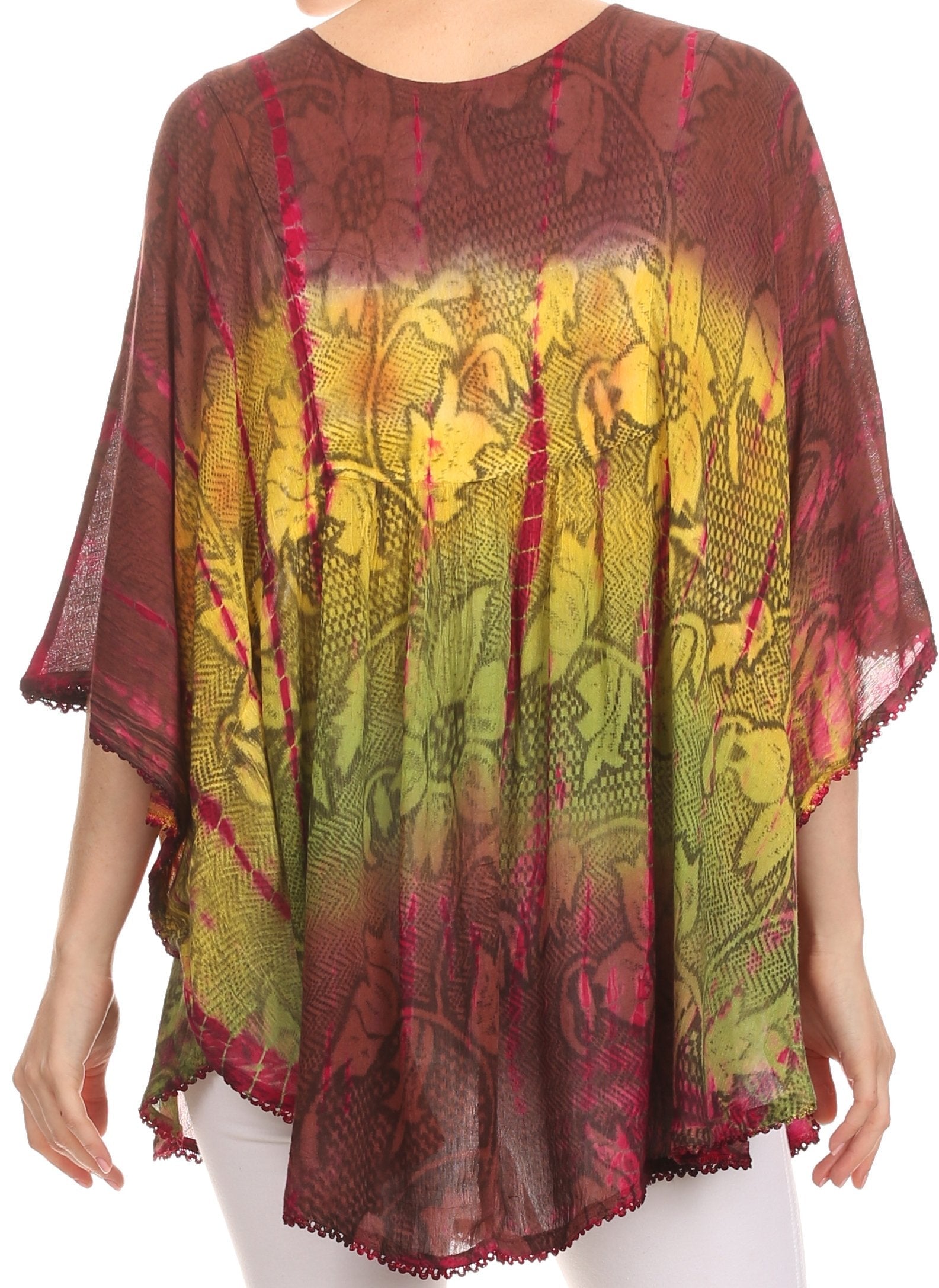 Sakkas - Ellesa Ombre Tie Dye Circle Poncho Blouse Shirt Top With Sequin Embroidery