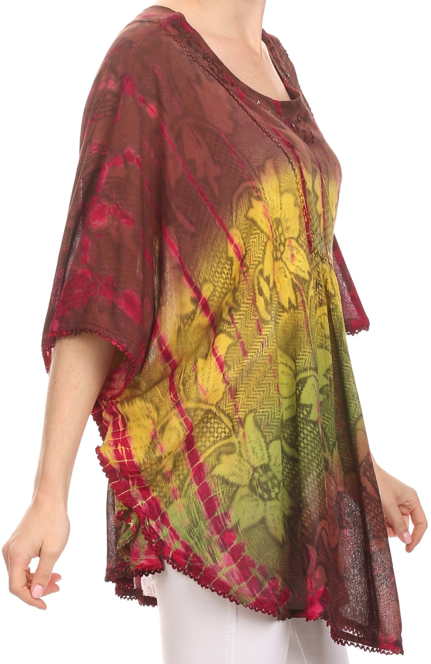 Sakkas - Ellesa Ombre Tie Dye Circle Poncho Blouse Shirt Top With Sequin Embroidery