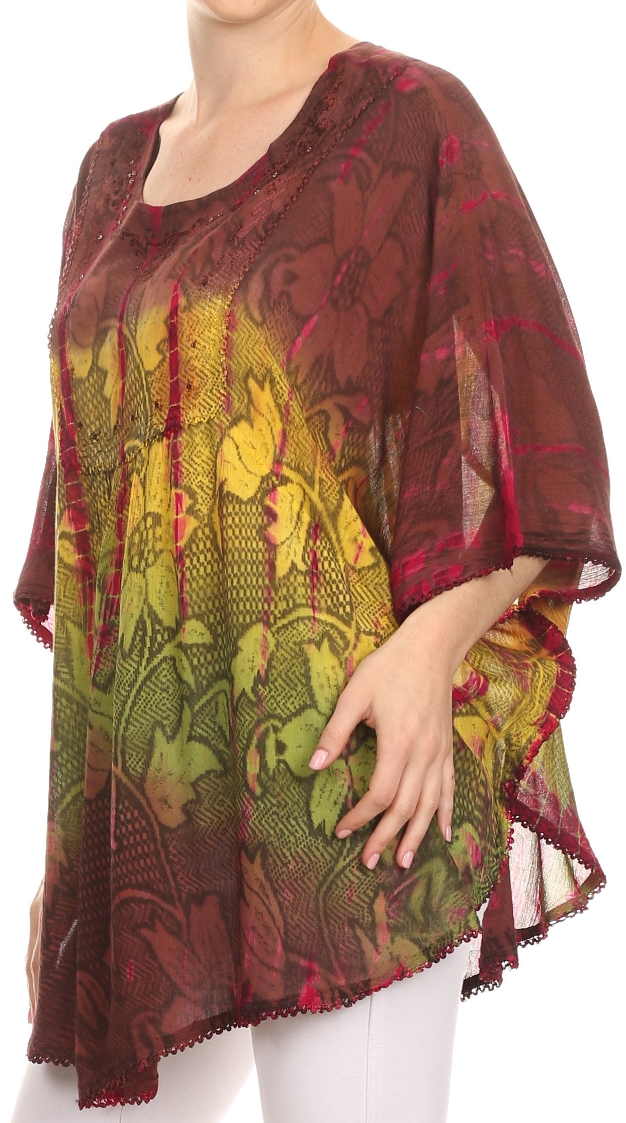 Sakkas - Ellesa Ombre Tie Dye Circle Poncho Blouse Shirt Top With Sequin Embroidery