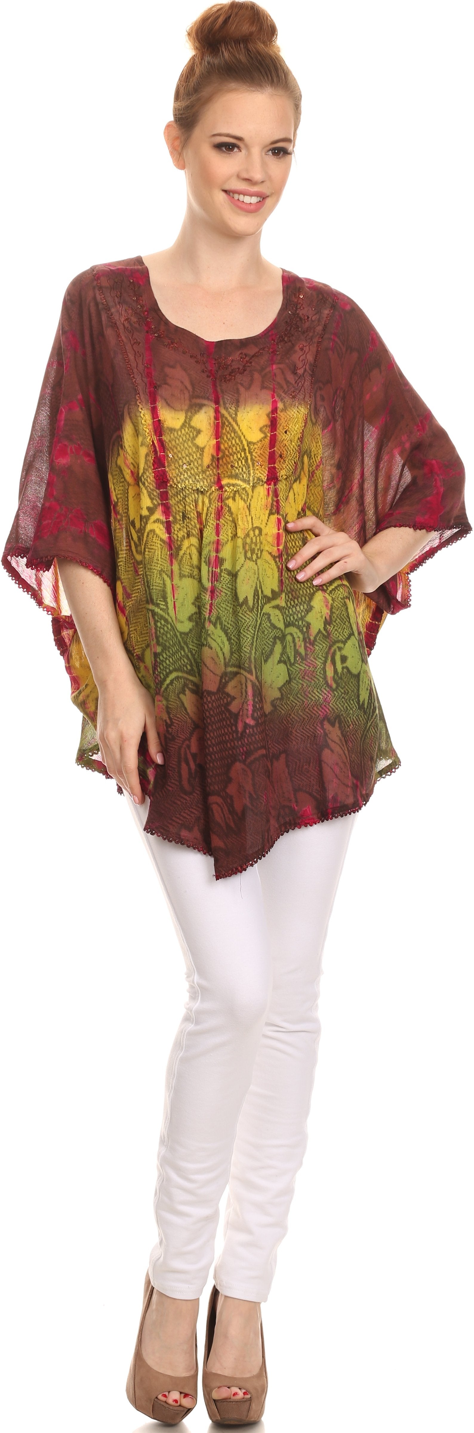Sakkas - Ellesa Ombre Tie Dye Circle Poncho Blouse Shirt Top With Sequin Embroidery