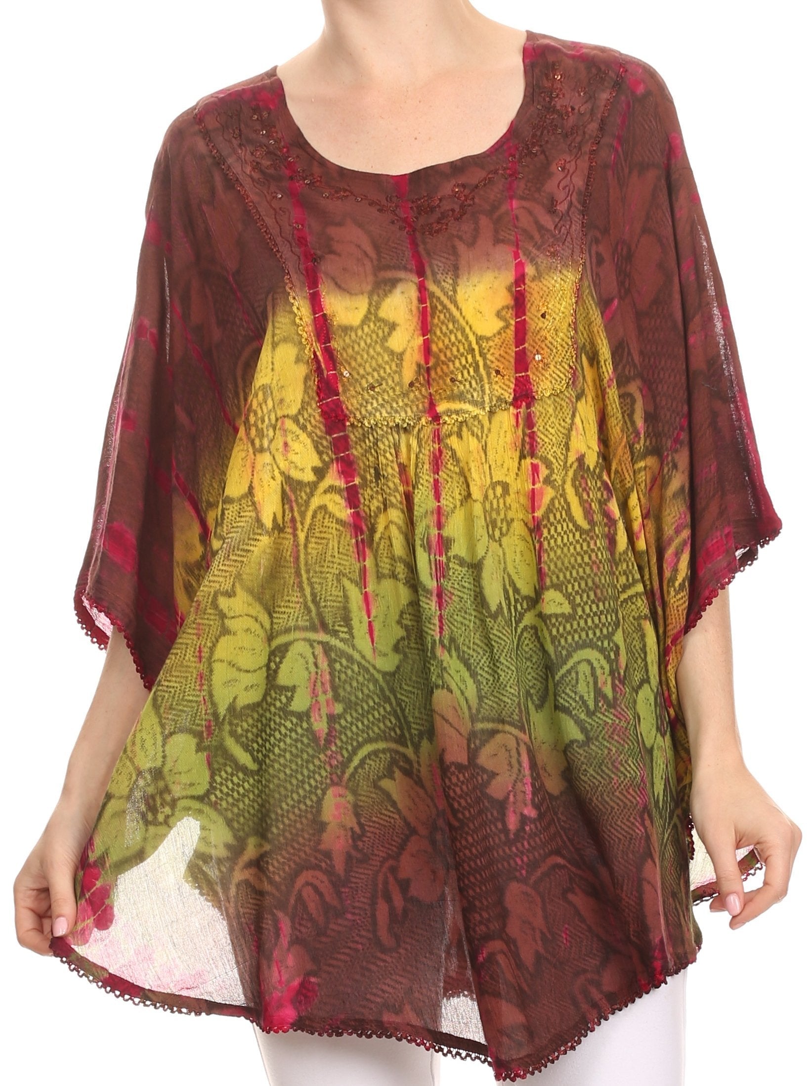 Sakkas - Ellesa Ombre Tie Dye Circle Poncho Blouse Shirt Top With Sequin Embroidery