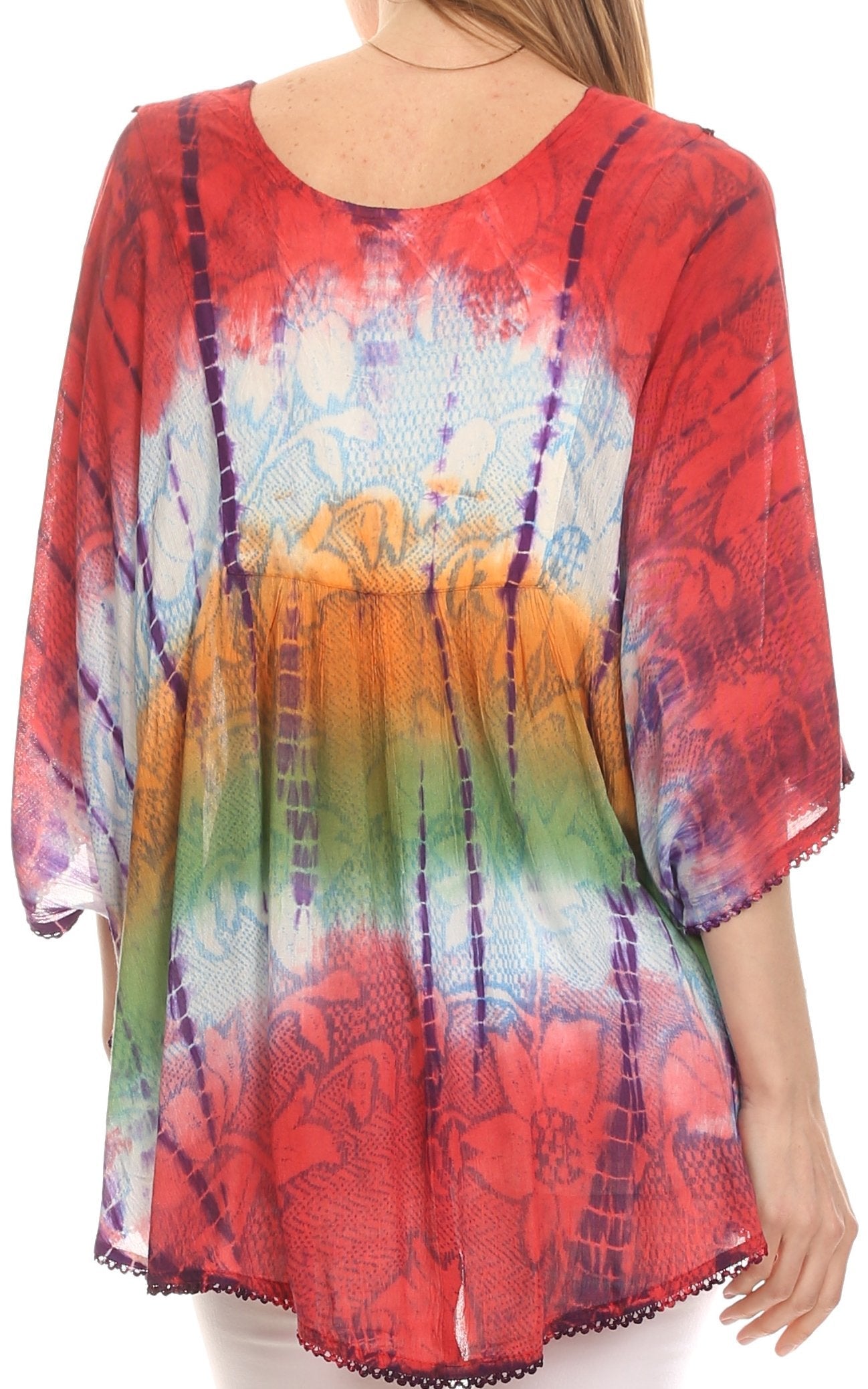 Sakkas - Ellesa Ombre Tie Dye Circle Poncho Blouse Shirt Top With Sequin Embroidery
