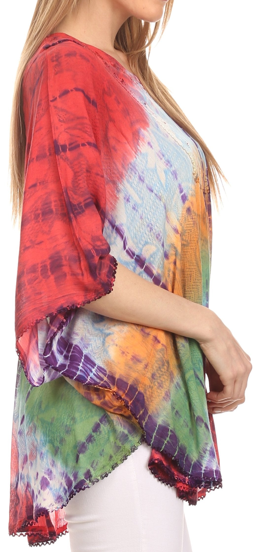 Sakkas - Ellesa Ombre Tie Dye Circle Poncho Blouse Shirt Top With Sequin Embroidery